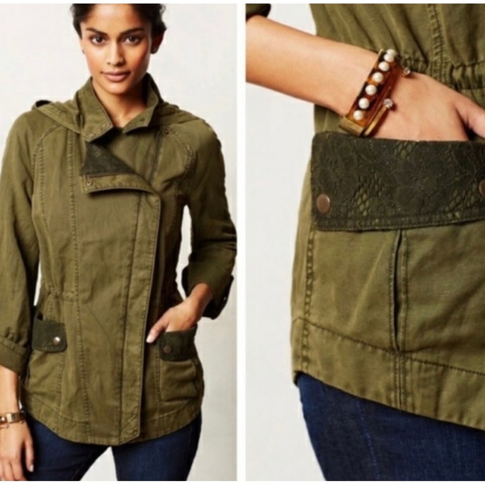 Hei Hei Olive Green Hooded‎ Military Anorak Jacket Lace Up Back Adjustable Waist